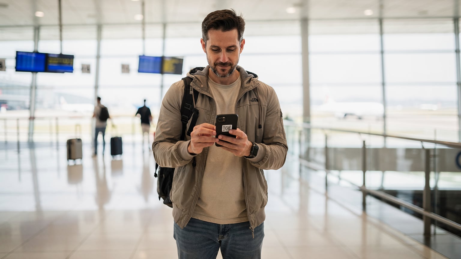 一位在香港機場準備登機的旅客，正在用手機掃描 eSIM 的 QR Code，周圍是繁忙的機場環境。