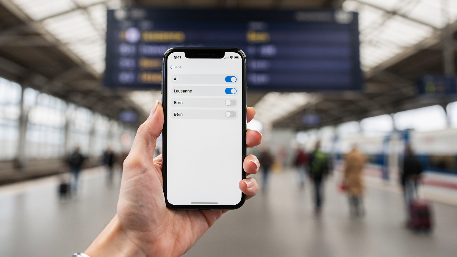 Une main féminine tenant un téléphone affichant l'écran des paramètres de données mobiles, avec un arrière-plan flou d'un panneau d'information de gare suisse, symbolisant le contrôle des données en voyage.