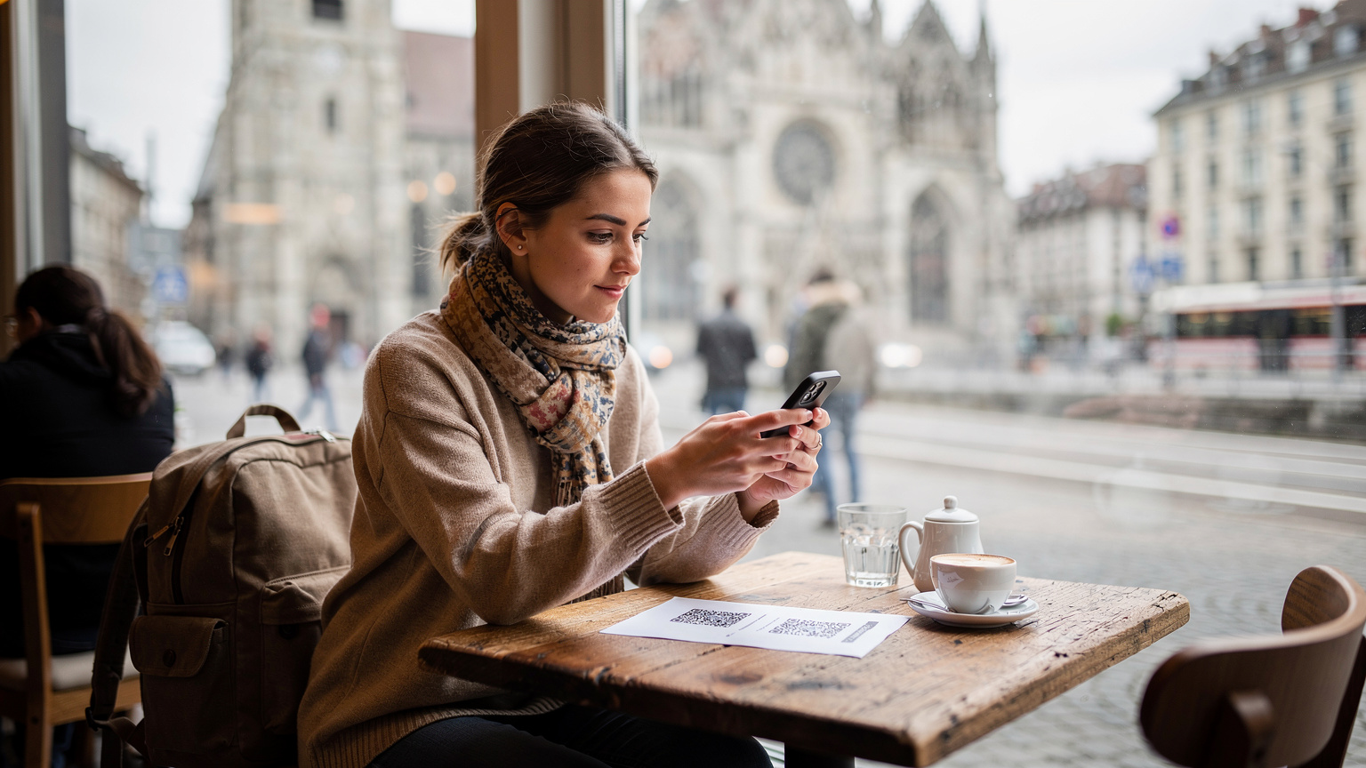 Une voyageuse utilise son smartphone pour scanner un QR code eSIM dans un café animé de Genève, avec la Cathédrale Saint-Pierre en arrière-plan flou, symbolisant une activation rapide et facile.