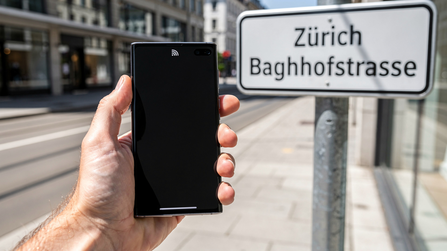 Une main tenant un smartphone montrant l'icône de la barre de signal complète, avec en arrière-plan un panneau de rue suisse indiquant "Zürich Bahnhofstrasse", signifiant une connexion fiable au cœur de la ville.