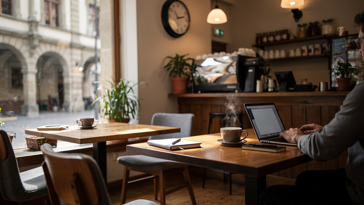 Un café tranquille à Berne, avec des ordinateurs portables ouverts et des tasses de café sur les tables, et une horloge murale montrant l'heure de travail, illustrant un environnement de travail connecté et sécurisé.