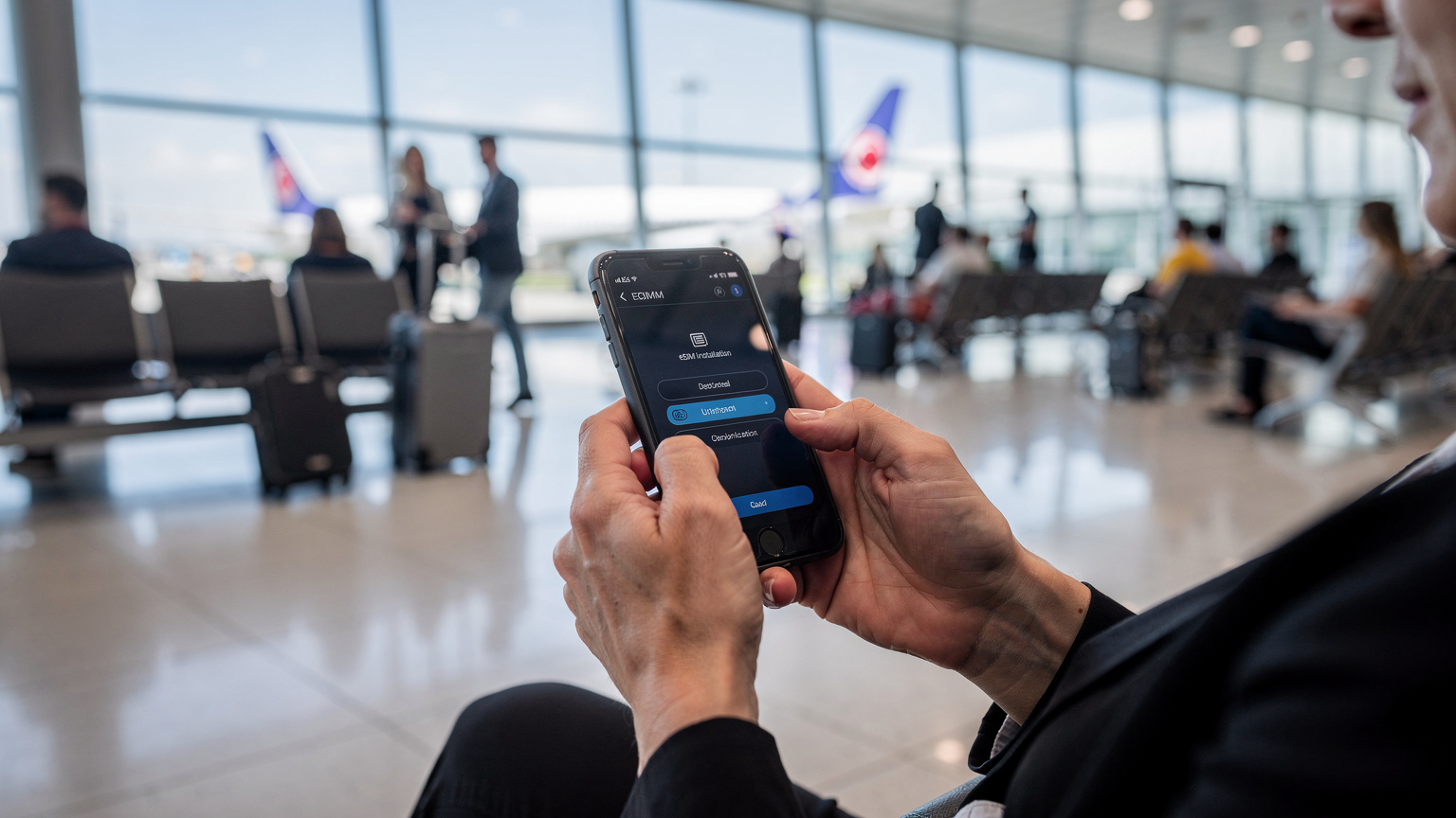 Bir annenin eli, İstanbul Havalimanı'nda bir bekleme salonunda, uçağa binmeden önce telefonunda eSIM kurulum adımlarını tamamlıyor. Arkada, hareketli bir koridor ve diğer yolcular bulanık görünüyor.
