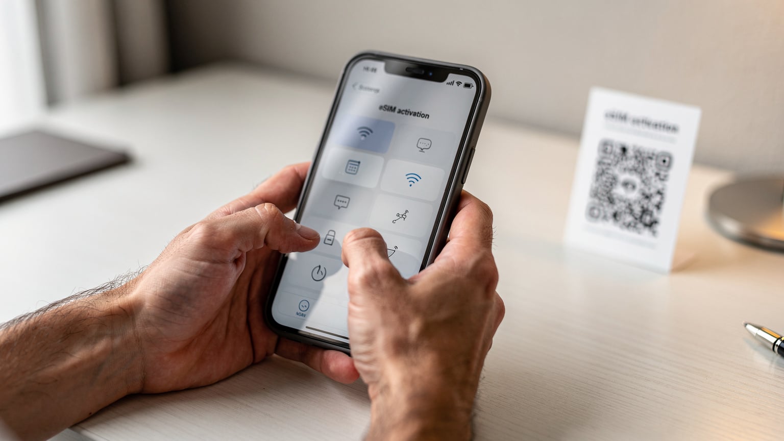 Un primo piano di mani che tengono uno smartphone, mostrando la schermata delle impostazioni di rete, con un codice QR sullo sfondo.