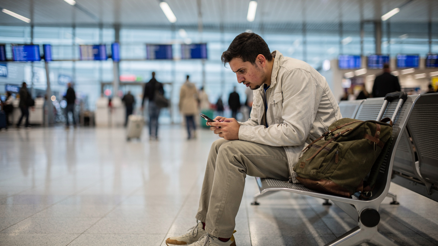 Un viaggiatore seduto su una panchina dell'aeroporto di Heathrow, con un'espressione preoccupata, che fissa lo schermo del suo smartphone.