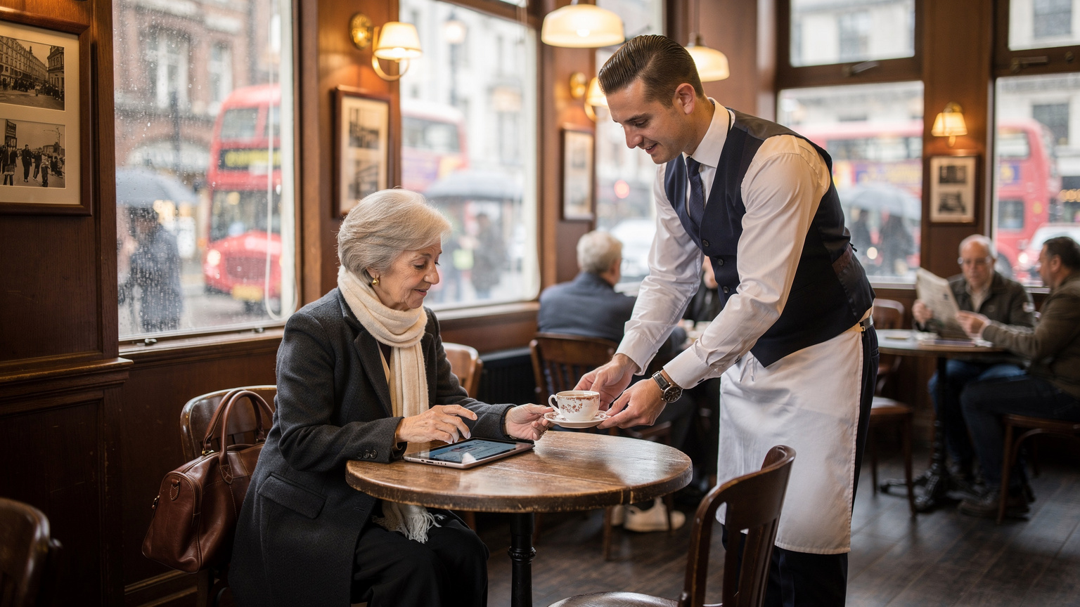 Una donna anziana in un caffè tradizionale londinese, con un tablet in mano, mentre un cameriere le serve il tè.