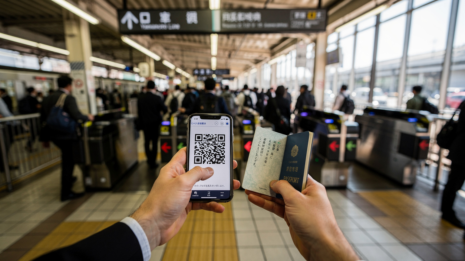 Preplnená vlaková stanica Yamanote Line v Tokiu, Japonsko, kde cestovatelia prechádzajú cez turnikety. Jedna osoba v popredí sa snaží naskenovať QR kód na svojom telefóne, zatiaľ čo drží cestovný pas.