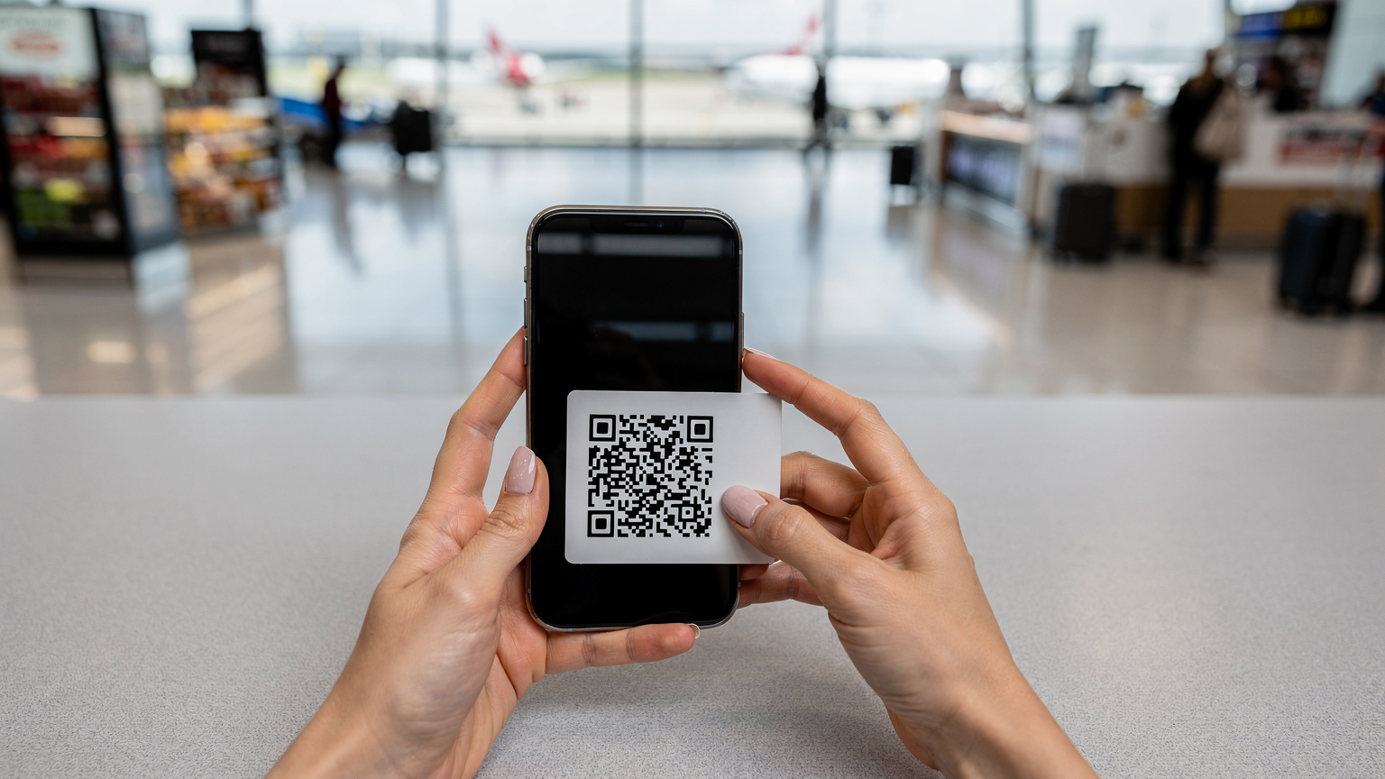 Ženské ruky držia smartfón a starostlivo skenujú QR kód na letáku, v pozadí je vidieť neostré prostredie rušného letiskového terminálu v Istanbulu, naznačujúce rýchlu aktiváciu eSIM.