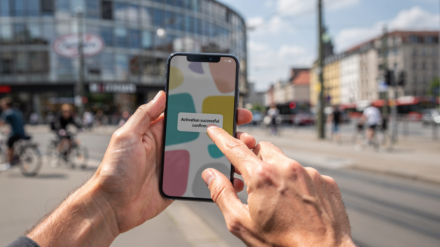 Nahaufnahme von Händen, die auf einem Smartphone-Bildschirm eine eSIM-Aktivierung bestätigen, im Hintergrund verschwommenes Stadtleben von Berlin.