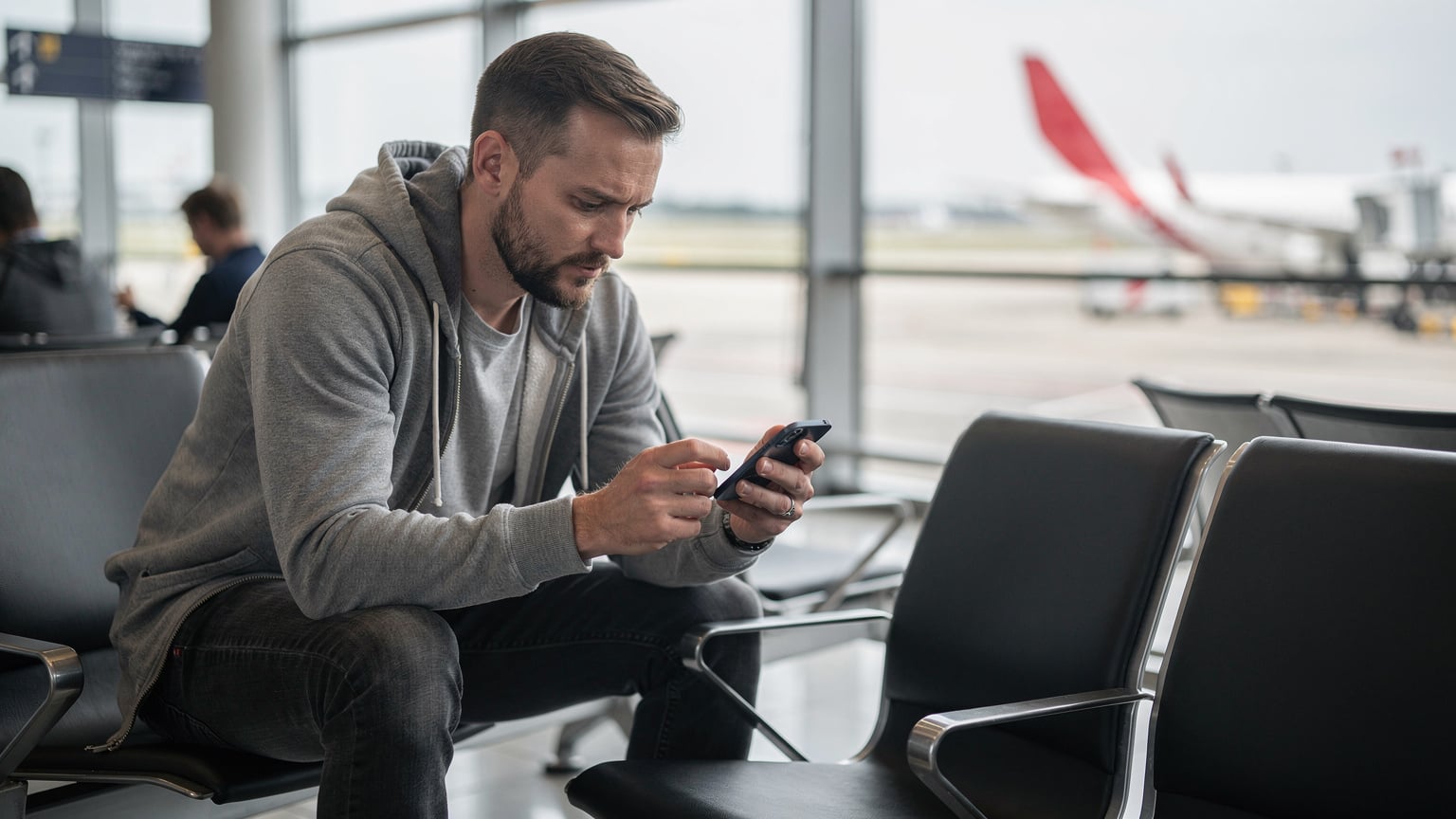 Ein Reisender im Flughafen Berlin Brandenburg, der auf seinem Smartphone die eSIM-Einstellungen überprüft, während er auf den Abflug wartet.