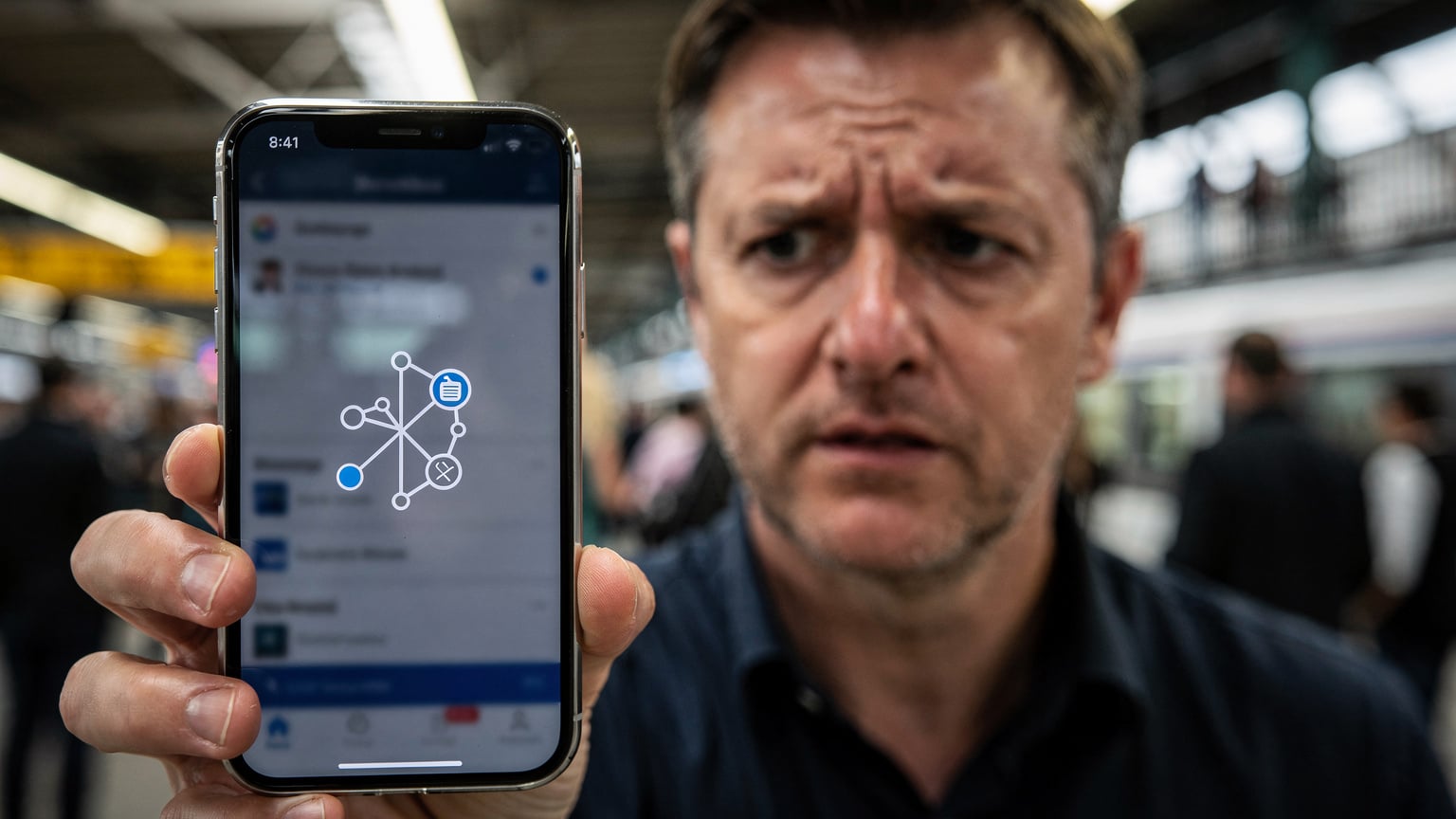 Eine Nahaufnahme eines Smartphones, das eine Fehlermeldung bezüglich der Netzwerkverbindung anzeigt, mit einem leicht besorgten Gesicht im Hintergrund, das die Frustration bei Verbindungsproblemen darstellt.