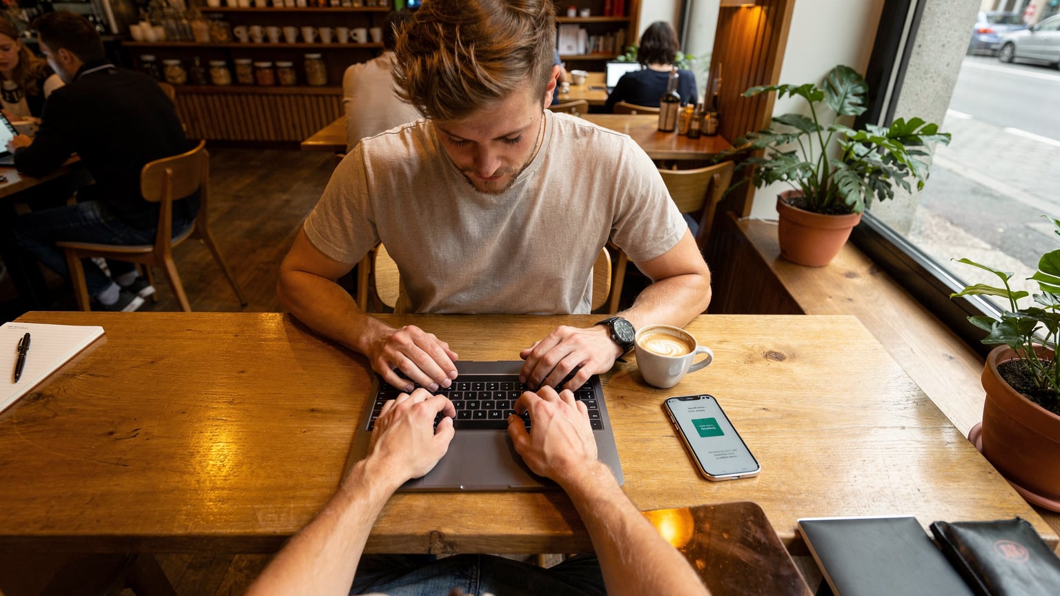 Ein digitaler Nomade arbeitet in einem belebten Berliner Café an seinem Laptop, mit einer Tasse Kaffee und einem Smartphone, das eine aktive eSIM anzeigt.