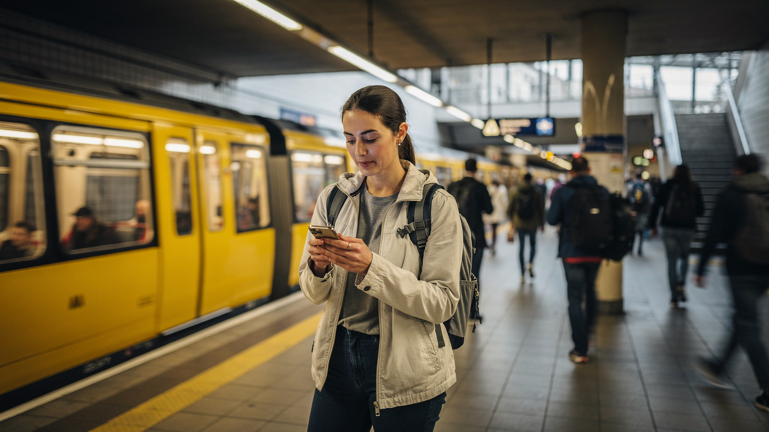 Ein Reisender nutzt sein Smartphone mit aktiver eSIM, um sich in der Berliner U-Bahn-Station zu orientieren, umgeben von geschäftigem Treiben.