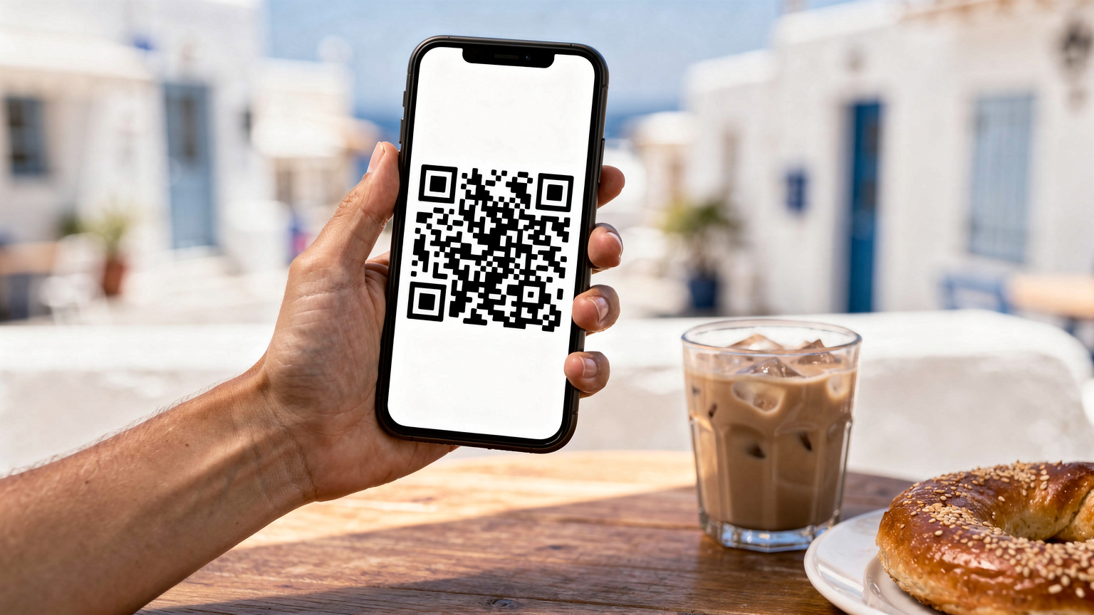 En reisende holder en smarttelefon med en QR-kode på skjermen, klar til å skanne for eSIM-aktivering, mens han sitter på en kafé i en solrik gresk by.