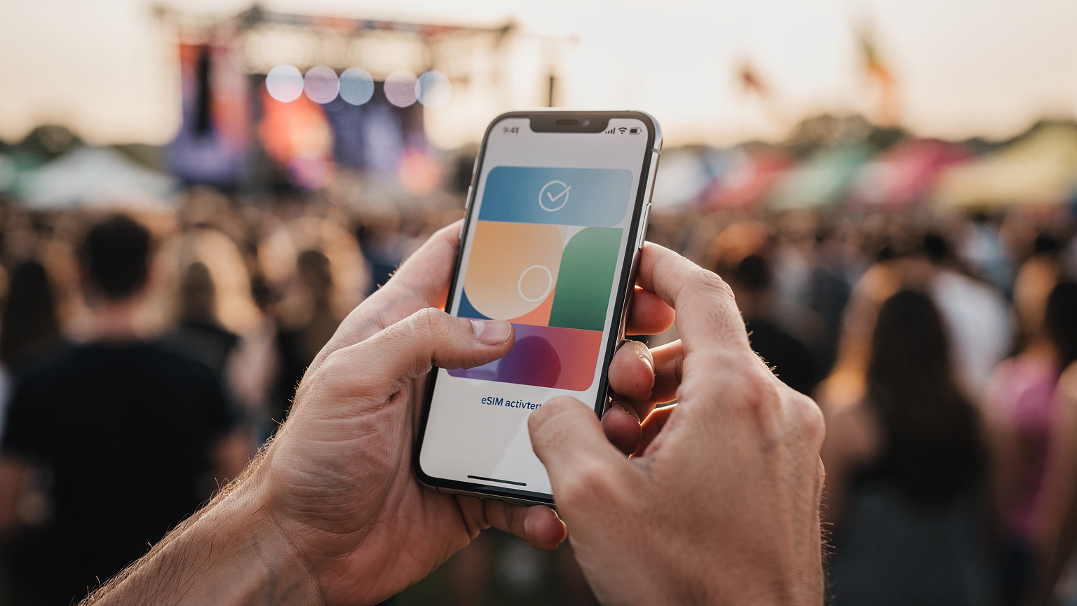 Close-up of human hands holding a smartphone, with the screen showing an eSIM activation interface (no readable text), against a blurred background of a lively festival crowd.