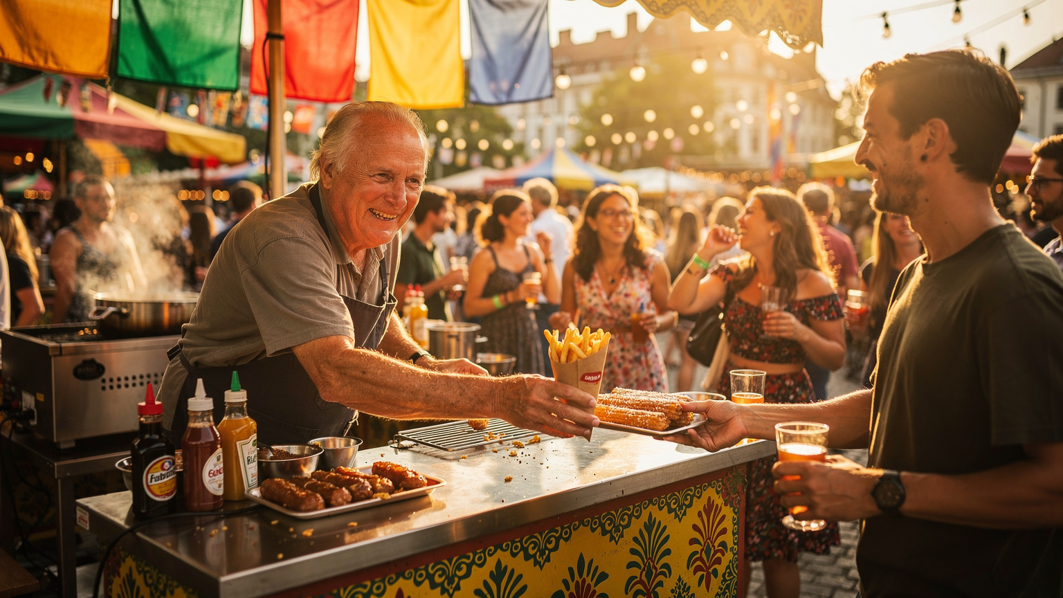 A bustling street food stall at a European summer festival, with a vendor serving traditional snacks and a diverse crowd of festival-goers in the background, capturing a lively cultural scene.