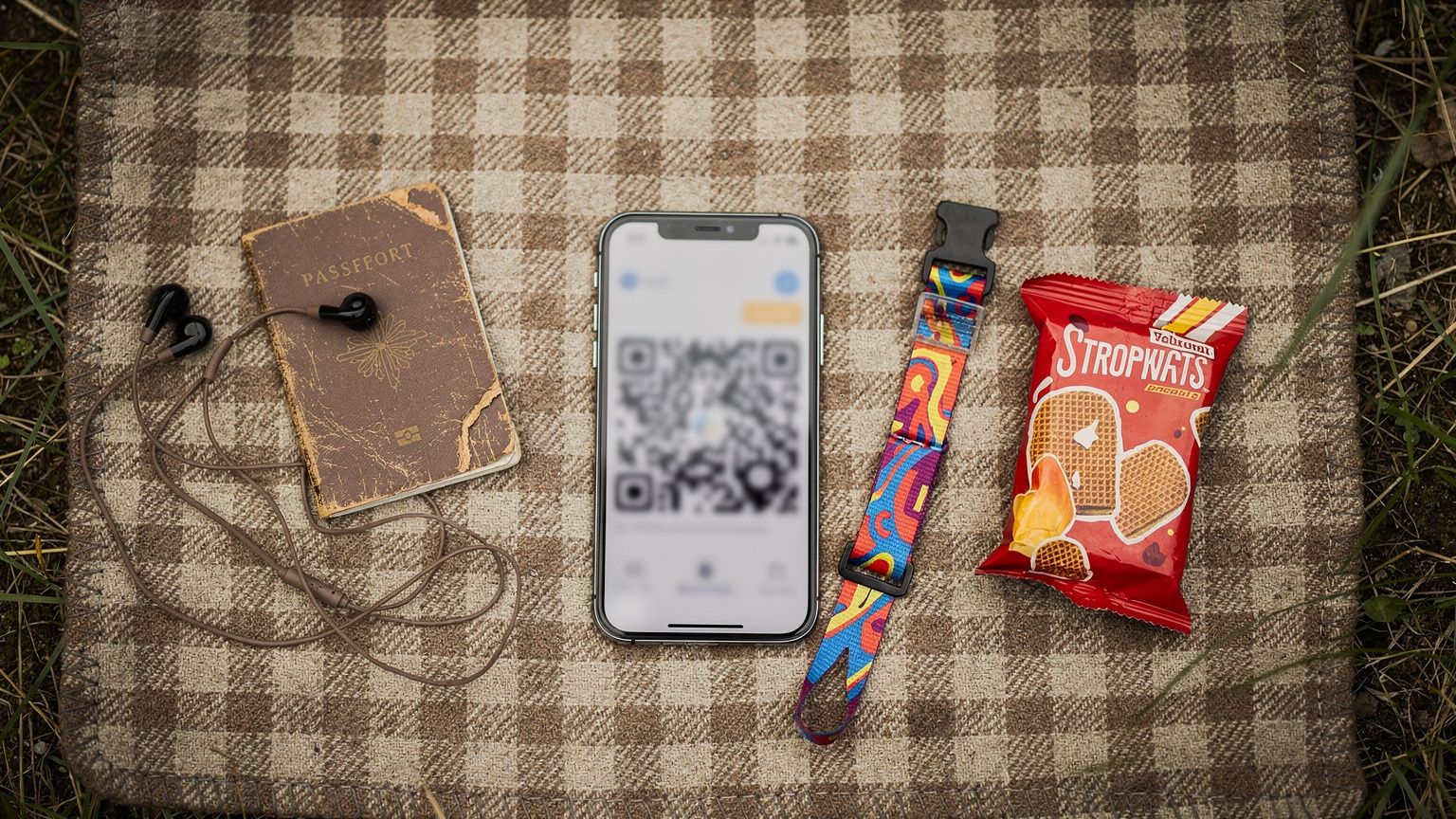 An overhead flat-lay of festival and travel essentials: a smartphone displaying a generic eSIM QR code, a passport, wired headphones, a brightly colored festival wristband, and a package of a local European snack, all arranged on a checkered picnic blanket at a campsite.