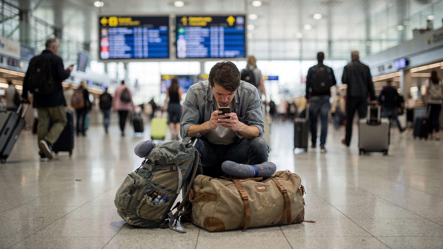 A traveler looking confused and stressed at their phone screen, sitting on their luggage in a busy, modern European airport arrivals hall, trying to connect to data.