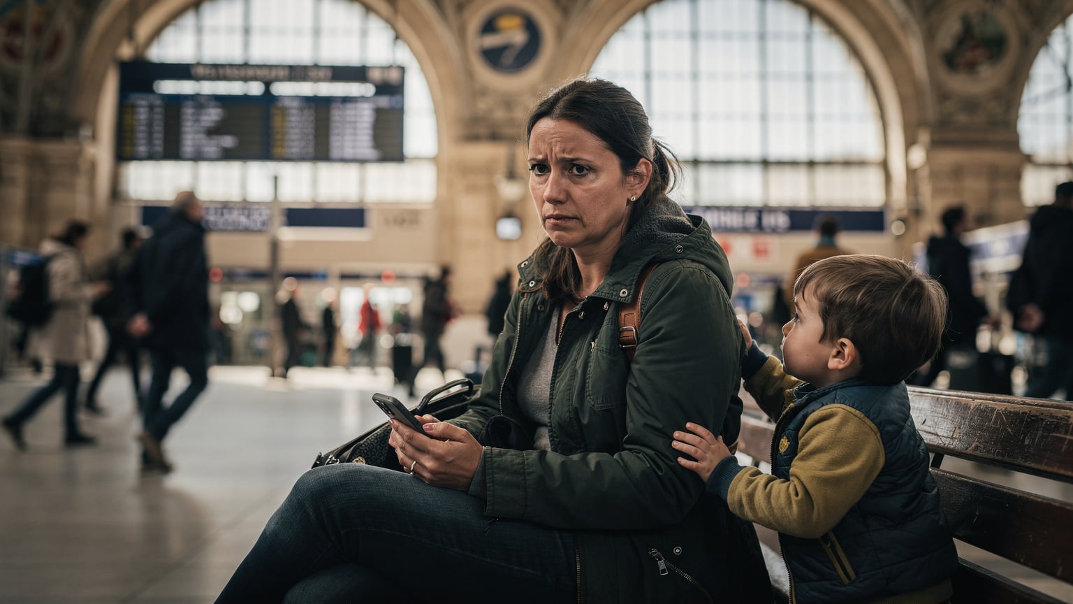 Een gefrustreerde reiziger die op een bankje zit op een treinstation in Parijs, met een iPhone 18 in de hand en een bezorgde uitdrukking, terwijl een jong kind ongeduldig aan de mouw van de ouder trekt.