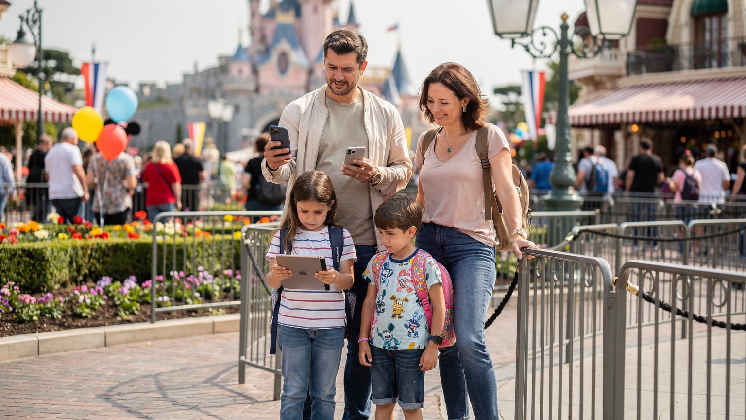 Een gezin dat in een rij staat bij een populaire attractie in Disneyland Parijs, de vader met een iPhone 18 als hotspot, en de kinderen die naar een iPad kijken, terwijl de moeder glimlachend de omgeving observeert.