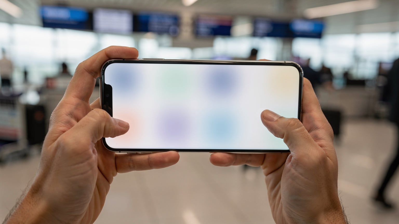 يدان تحملان هاتفًا ذكيًا يعرض شاشة إعدادات eSIM، تظهر شاشة مسح رمز QR، بينما تظهر في الخلفية جزء من صالة وصول مطار دولي.