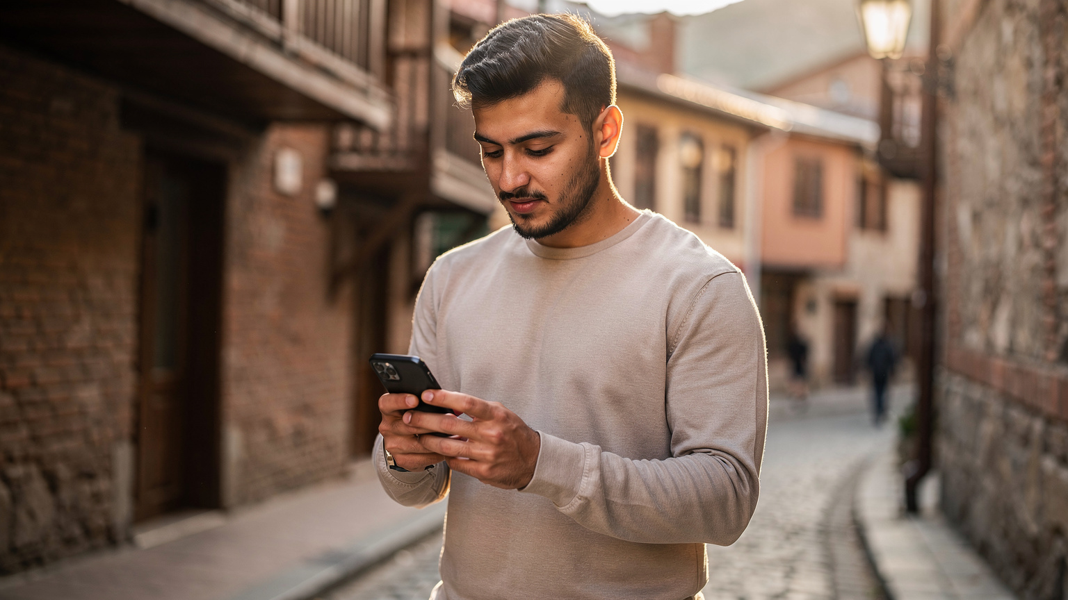 شاب خليجي يمسك بهاتفه الذكي ويتصفح خيارات باقات eSIM المتوفرة، ويظهر خلفه جزء من واجهة مدينة تبليسي القديمة.