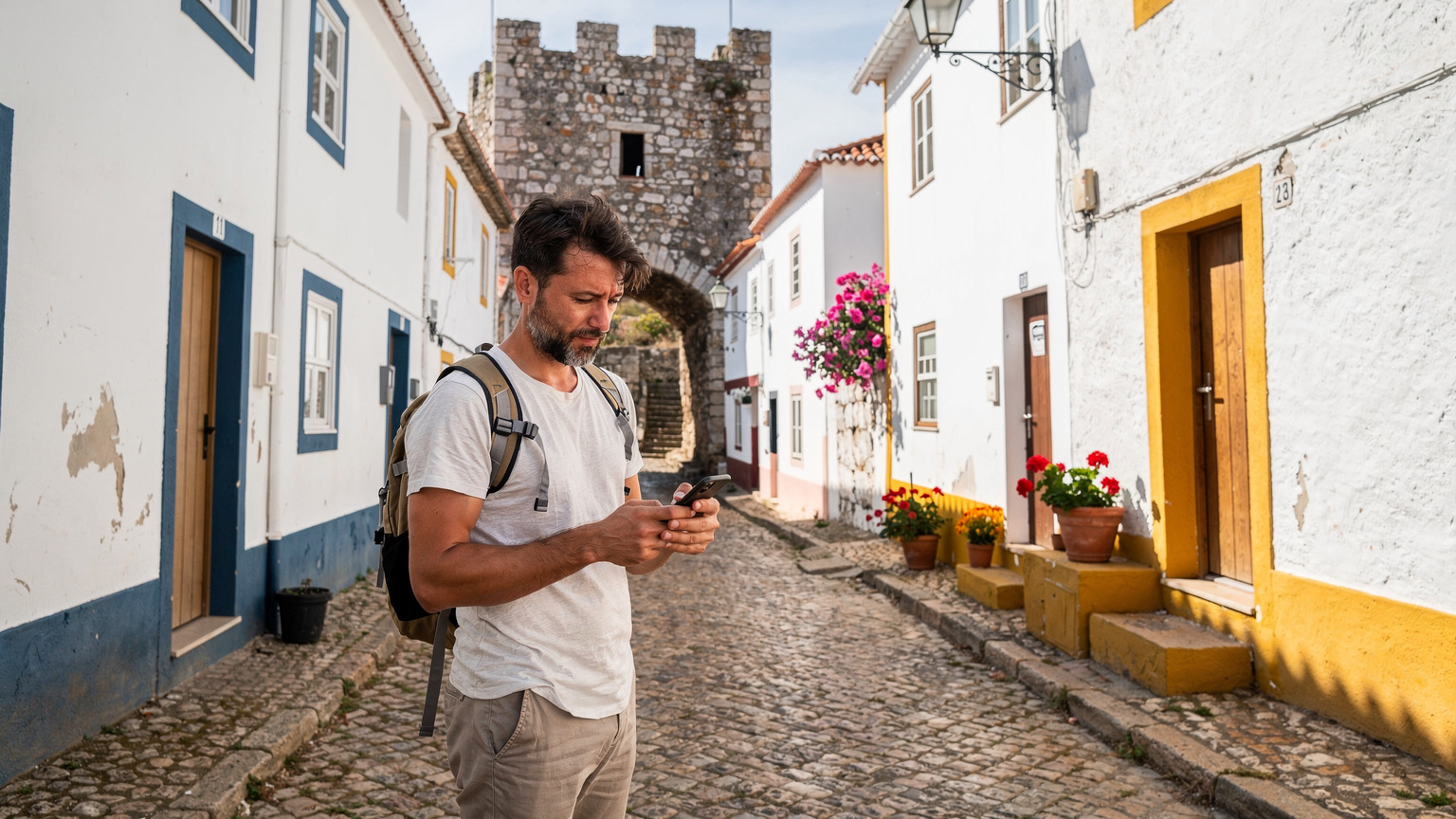 Um viajante a usar o iPhone 18 para verificar mapas num ambiente rústico no Alentejo, com a arquitetura tradicional ao fundo.