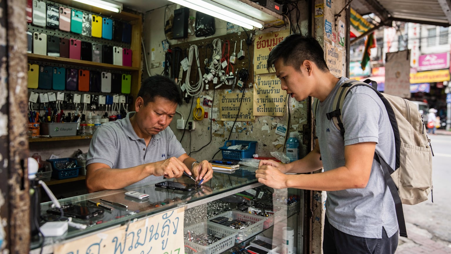 一名旅行者在曼谷一家街头手机维修店,焦虑地看着店员检查手机,店面充满当地特色。