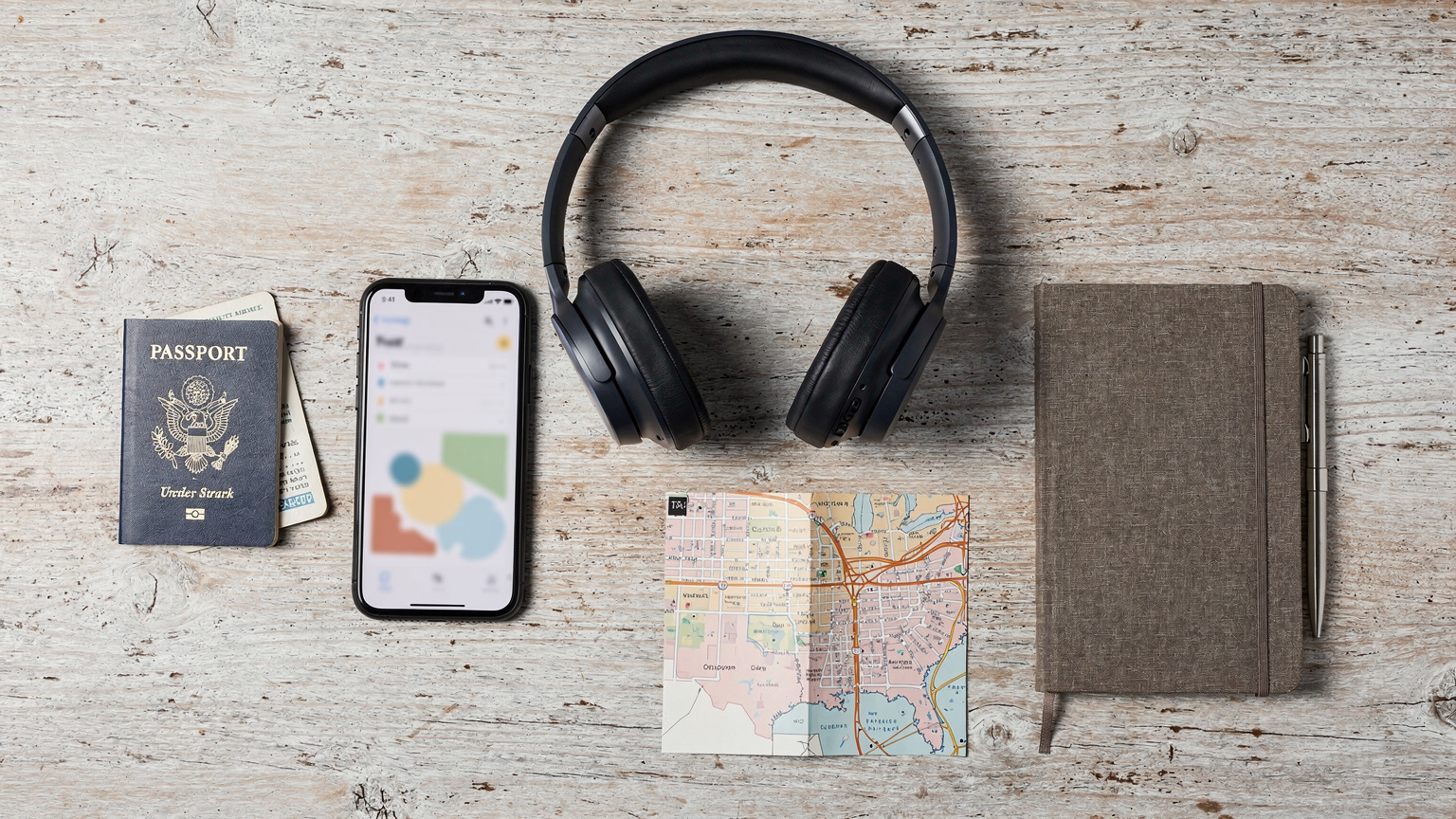 An overhead flat-lay shot on a light wooden table, featuring a US passport, a Cellesim-enabled smartphone displaying a generic travel app (no visible text), a pair of noise-canceling headphones, a physical map of a North American city, and a small, neatly organized travel journal, conveying meticulous trip planning.