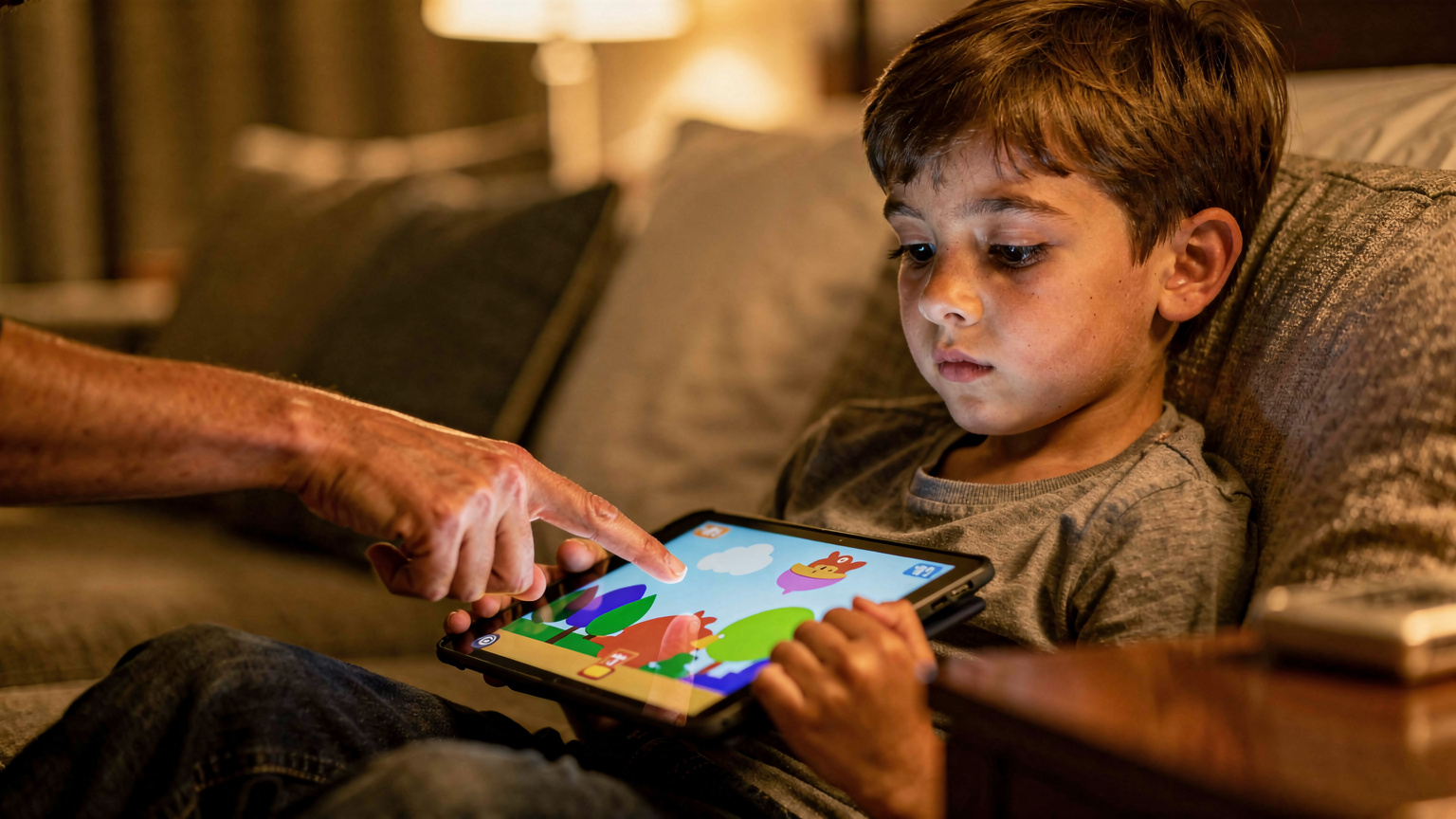A child, around ten years old, engrossed in a game on a tablet. A parent's hand gently points to a section of the screen, implying shared activity or a subtle parental guidance moment, highlighting screen time management.