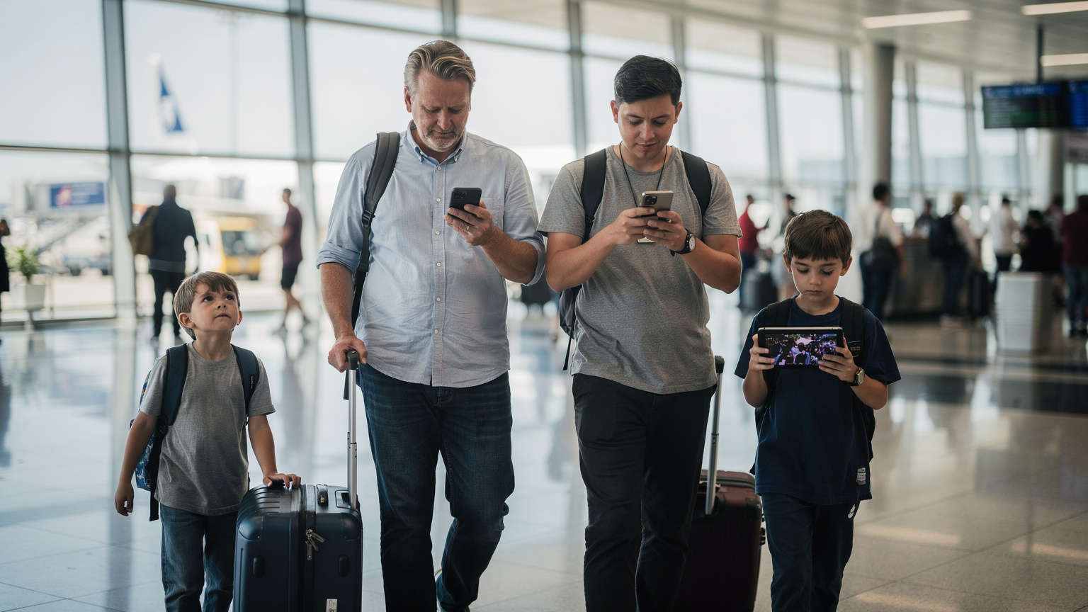 A family of four, parents and two children, navigating a bustling airport terminal. The parents look slightly stressed, checking their phones for directions, while the children are distracted: one looking bored, the other absorbed in a tablet, illustrating a common travel challenge.