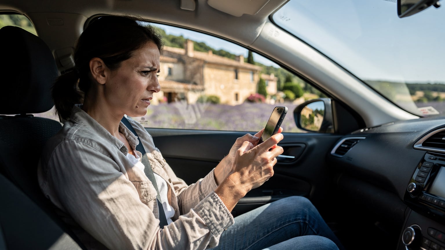 En kvinde sidder i en bil og kigger bekymret på sin telefon med en "ingen service"-meddelelse, mens en smuk fransk landsby passerer i baggrunden.