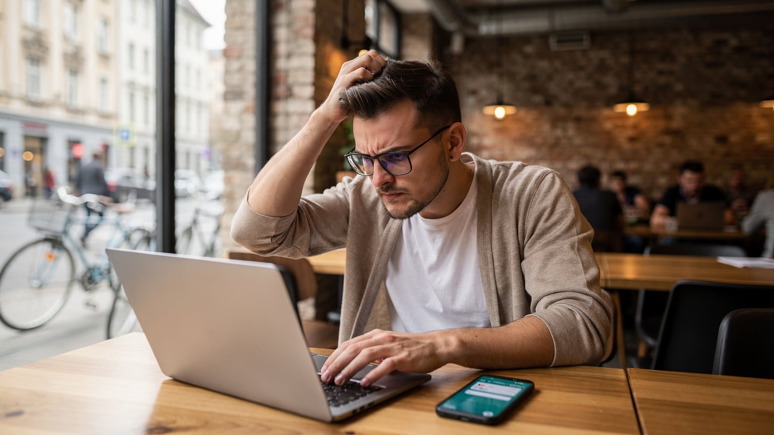 En ung mand sidder i en café i Berlins Mitte-distrikt med sin laptop og telefon, frustreret over en dårlig internetforbindelse, mens han forsøger at arbejde.