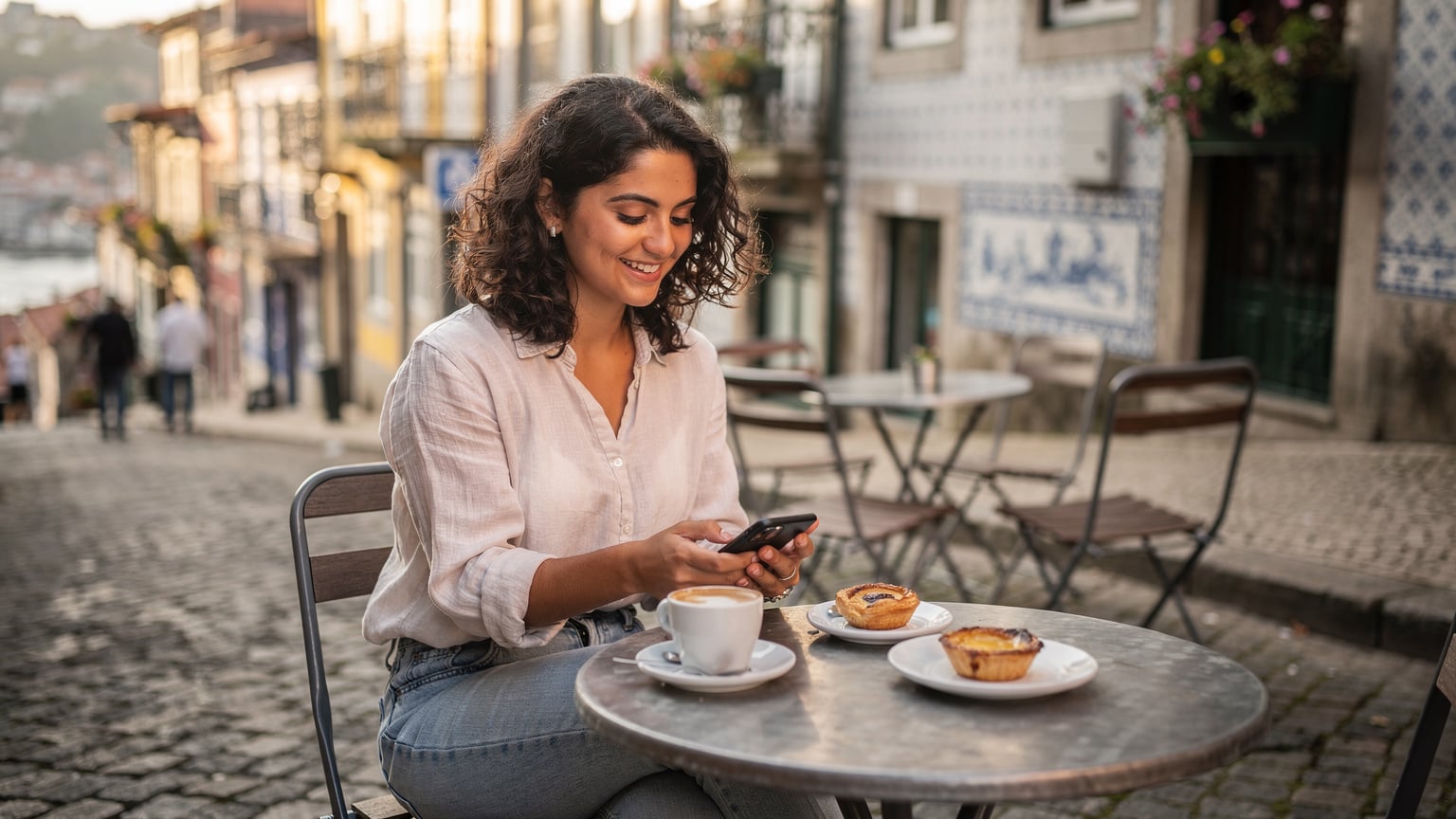 En ung kvinde sidder på en udendørs café i en charmerende bydel i Porto, Portugal, og smiler, mens hun tjekker sin telefon. En kop kaffe og en lokal kage står på bordet.