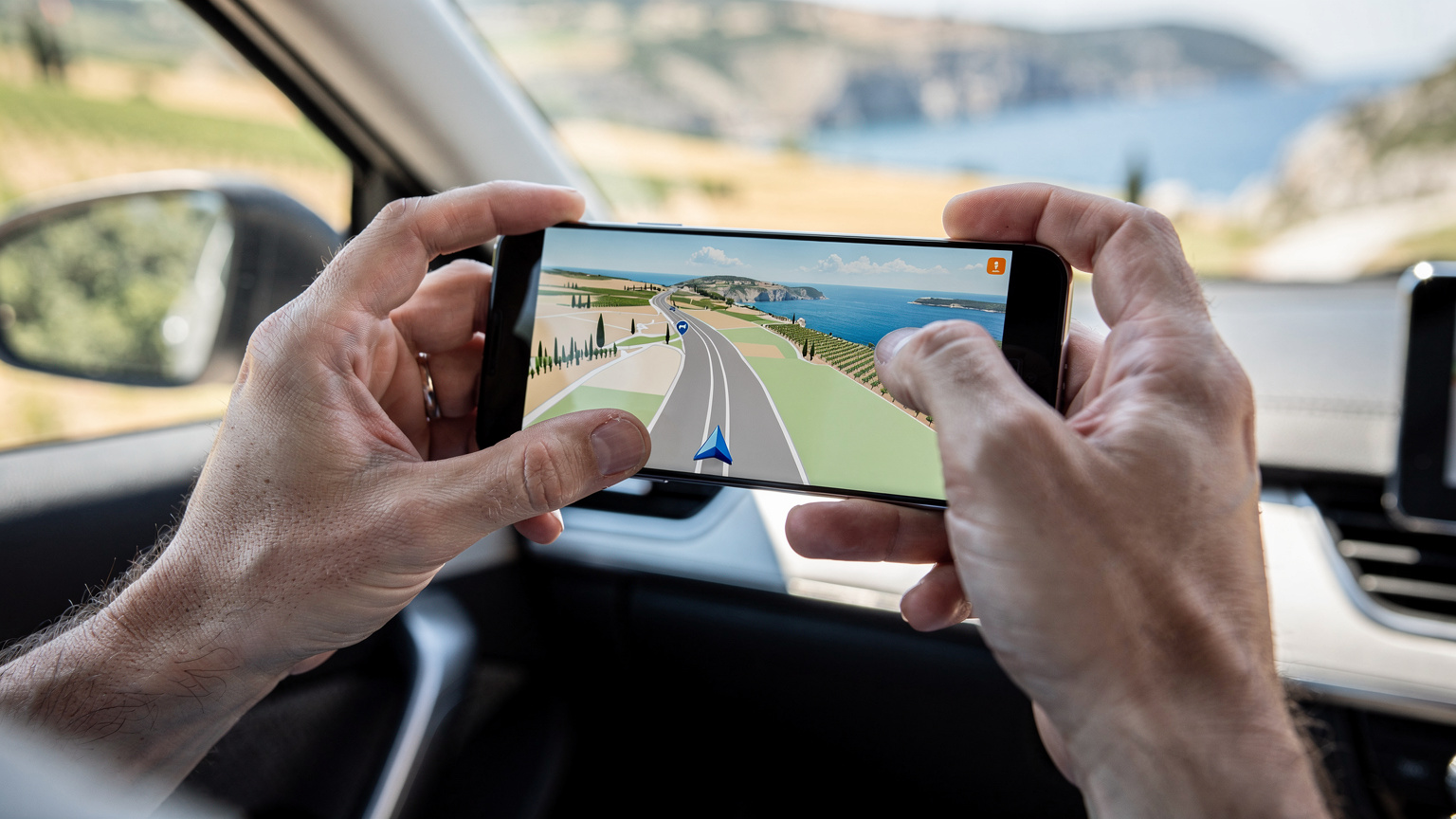 Nærbillede af en persons hænder, der holder en smartphone med et navigationskort åbent, mens de sidder i en bil med et smukt landskab uden for vinduet.