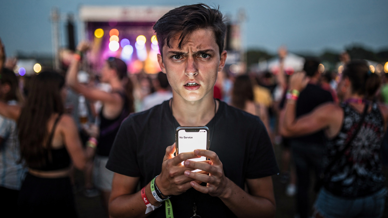 Ein junger Festivalbesucher steht frustriert in einer Menschenmenge, sein Smartphone haltend, das einen 'Kein Empfang'-Bildschirm anzeigt. Um ihn herum tanzen und feiern Menschen, aber er blickt besorgt auf sein Gerät.