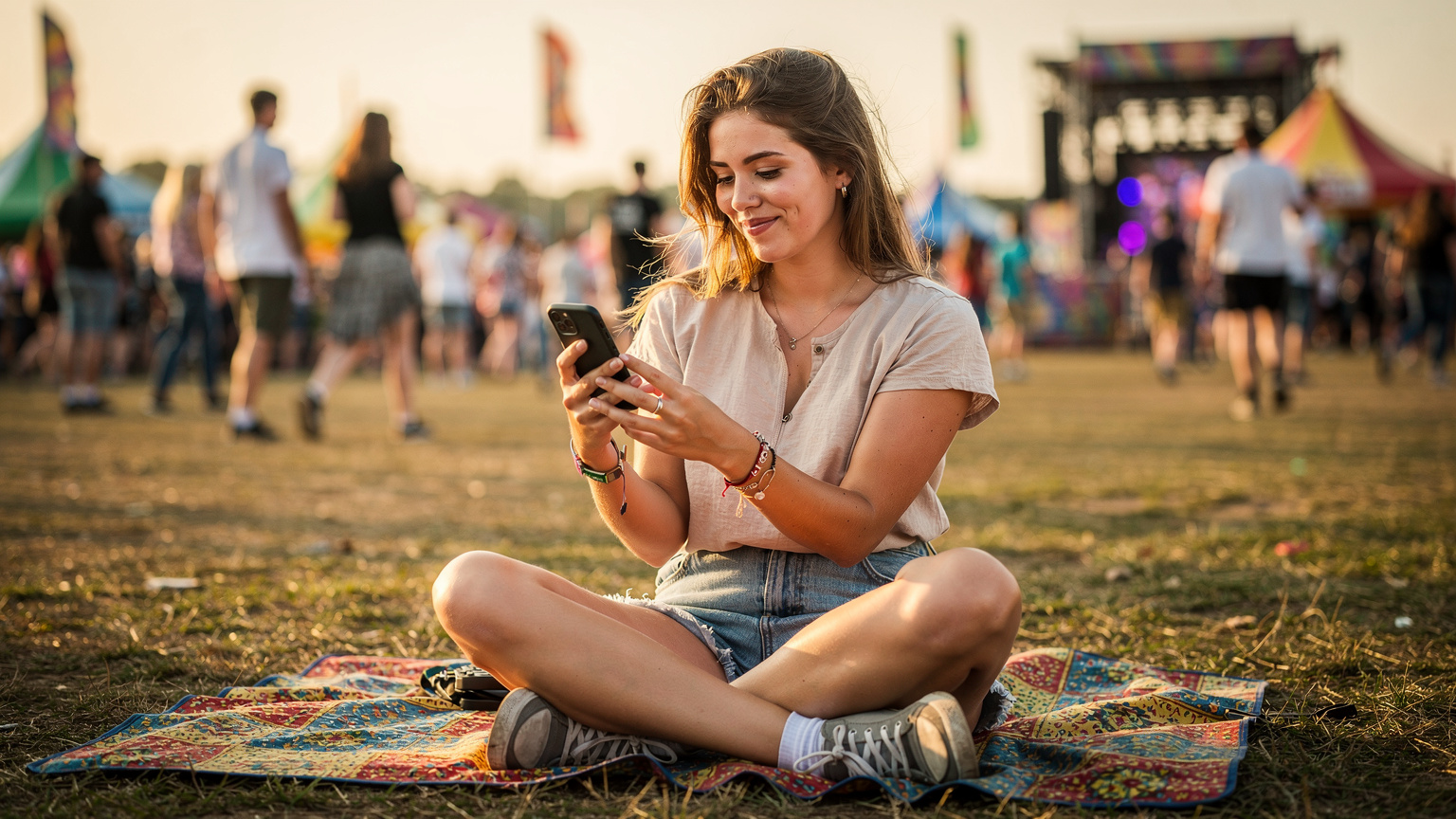 Eine junge Frau sitzt entspannt auf einer Picknickdecke auf einem Festivalgelände und lädt Fotos und kurze Videos von ihren Erlebnissen in den sozialen Medien hoch. Im Hintergrund sind andere Festivalbesucher, bunte Zelte und die Bühne undeutlich zu erkennen.