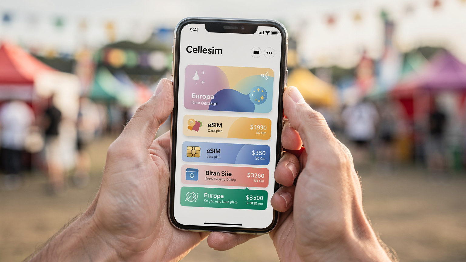 Nahaufnahme von Händen, die ein Smartphone halten, auf dem die Cellesim-App geöffnet ist. Auf dem Bildschirm sind verschiedene eSIM-Tarifoptionen und Datenpakete für Europa zu sehen. Der Hintergrund ist ein leicht unscharfes Festivalgelände mit Zelten und Menschen.