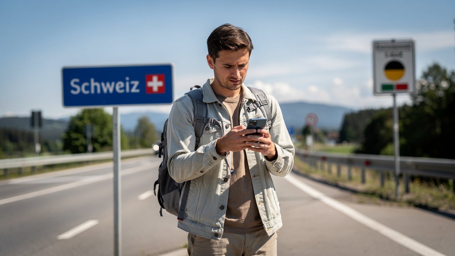 Ein Reisender am Grenzübergang zwischen Deutschland und der Schweiz prüft sein Smartphone, auf dem eine eSIM-Bestätigung angezeigt wird. Im Hintergrund ist ein blaues Schild mit 'Schweiz' und der Schweizer Flagge zu sehen, sowie ein deutsches Straßenschild.