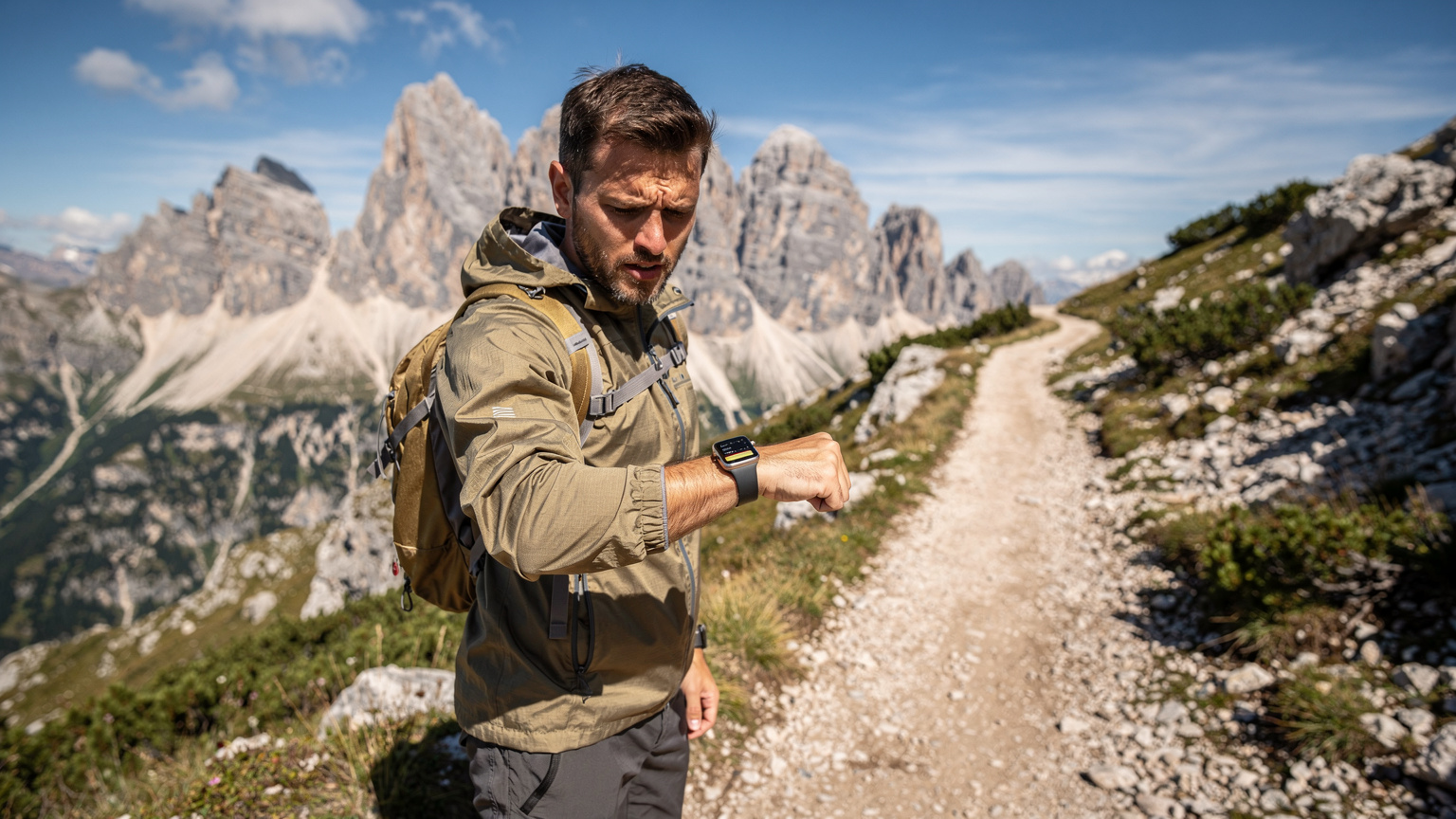 Ein Wanderer in den italienischen Alpen blickt besorgt auf seine Apple Watch, die eine Roaming-Benachrichtigung anzeigt, während im Hintergrund majestätische Berge zu sehen sind.