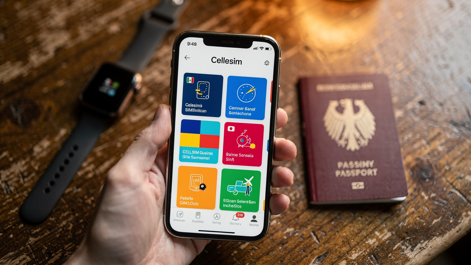 Ein Smartphone zeigt die Cellesim App mit verschiedenen eSIM-Angeboten für Reisende, während eine Apple Watch und ein Reisepass im Hintergrund auf einem Holztisch liegen.