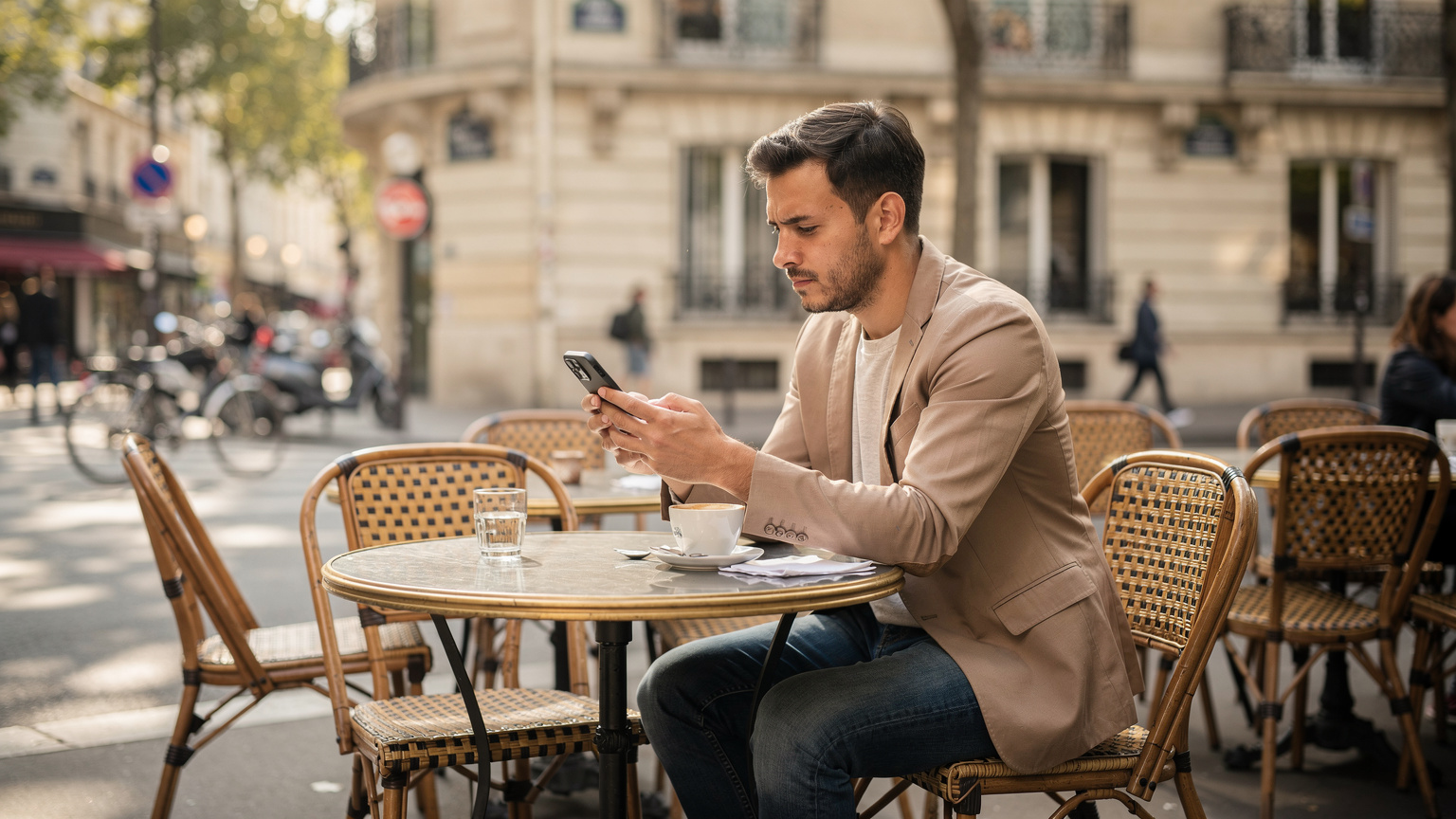Ένας ταξιδιώτης με το smartphone του ελέγχει το πρόγραμμα των Αγώνων, ενώ απολαμβάνει έναν καφέ σε ένα παριζιάνικο πεζοδρόμιο.