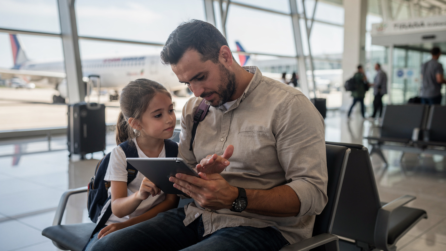 Ein Vater erklärt seiner Tochter am Flughafen, wie sie die vorinstallierte eSIM auf ihrem Tablet nutzen kann, während im Hintergrund andere Reisende vorbei hasten.