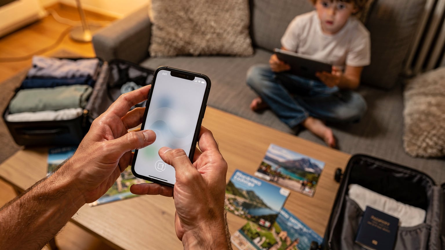 Eine Nahaufnahme zeigt die Hände eines Vaters, der auf einem Smartphone eine eSIM-App öffnet, während im Hintergrund ein Kind ungeduldig mit seinem Tablet wartet.