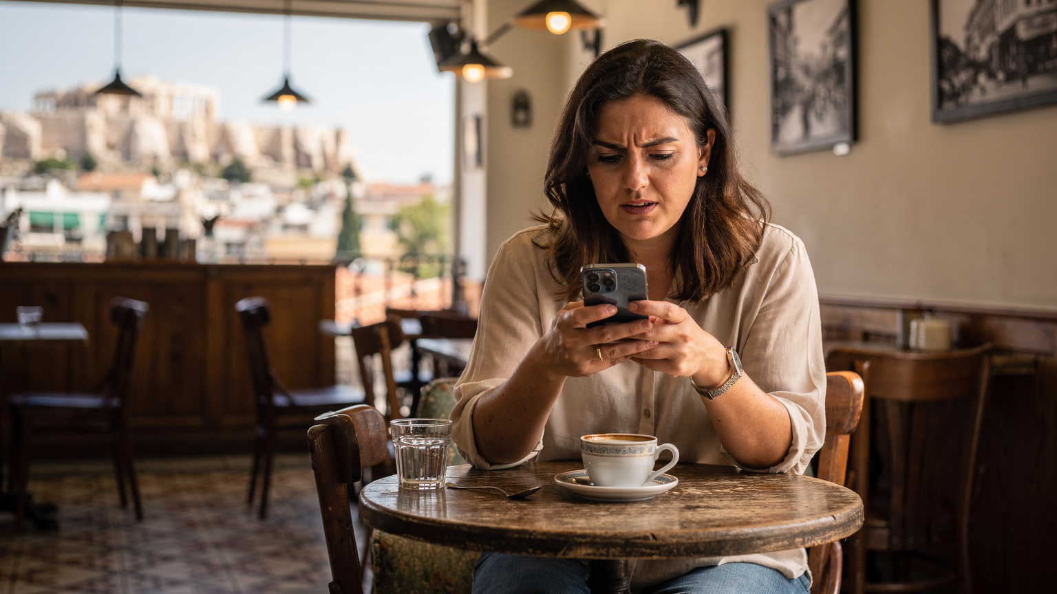En kvinna sitter på ett mysigt kafé i Aten, med en grekisk kaffekopp på bordet, och använder sin telefon med ett bekymrat uttryck. Akropolis kan skymtas i bakgrunden genom fönstret.