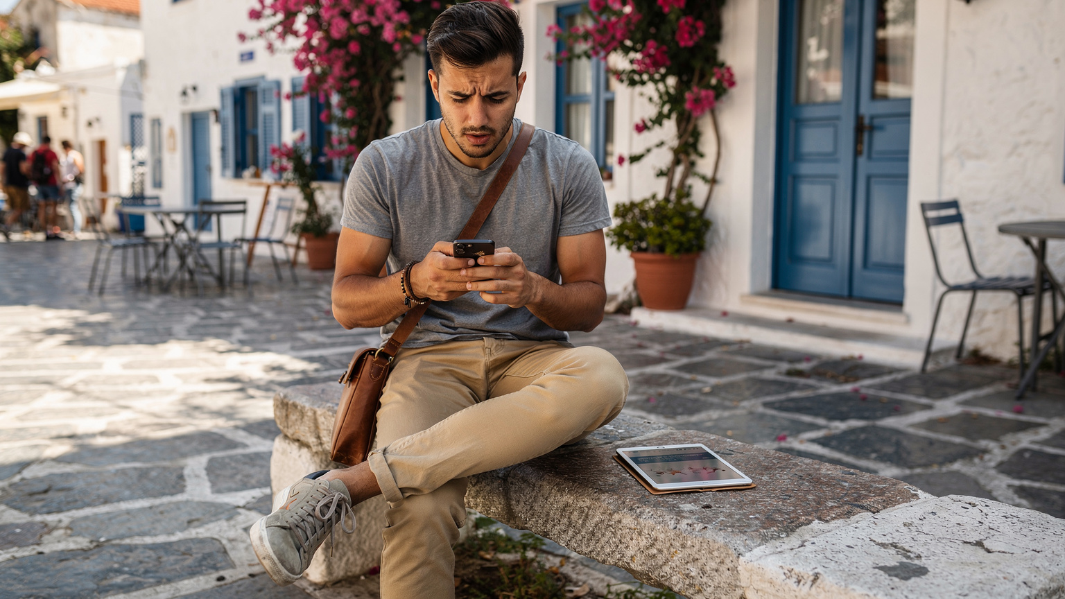 Un giovane viaggiatore siede su una panchina in una piazza tradizionale greca, con un'espressione confusa mentre cerca di risolvere un problema di connessione dati sul suo smartphone, con un tablet vicino che mostra una pagina di supporto tecnico.