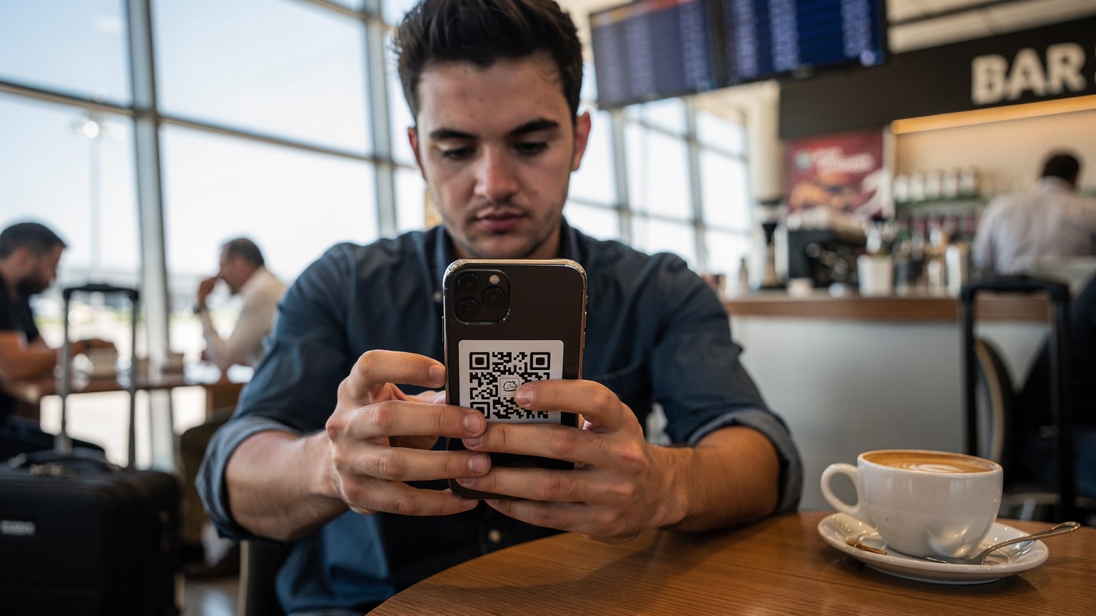 Un uomo sta scansionando un codice QR da un'email sul suo smartphone per attivare un'eSIM, mentre è seduto al tavolo di un vivace caffè dell'aeroporto di Fiumicino, con la sua valigia a mano appoggiata ai piedi.