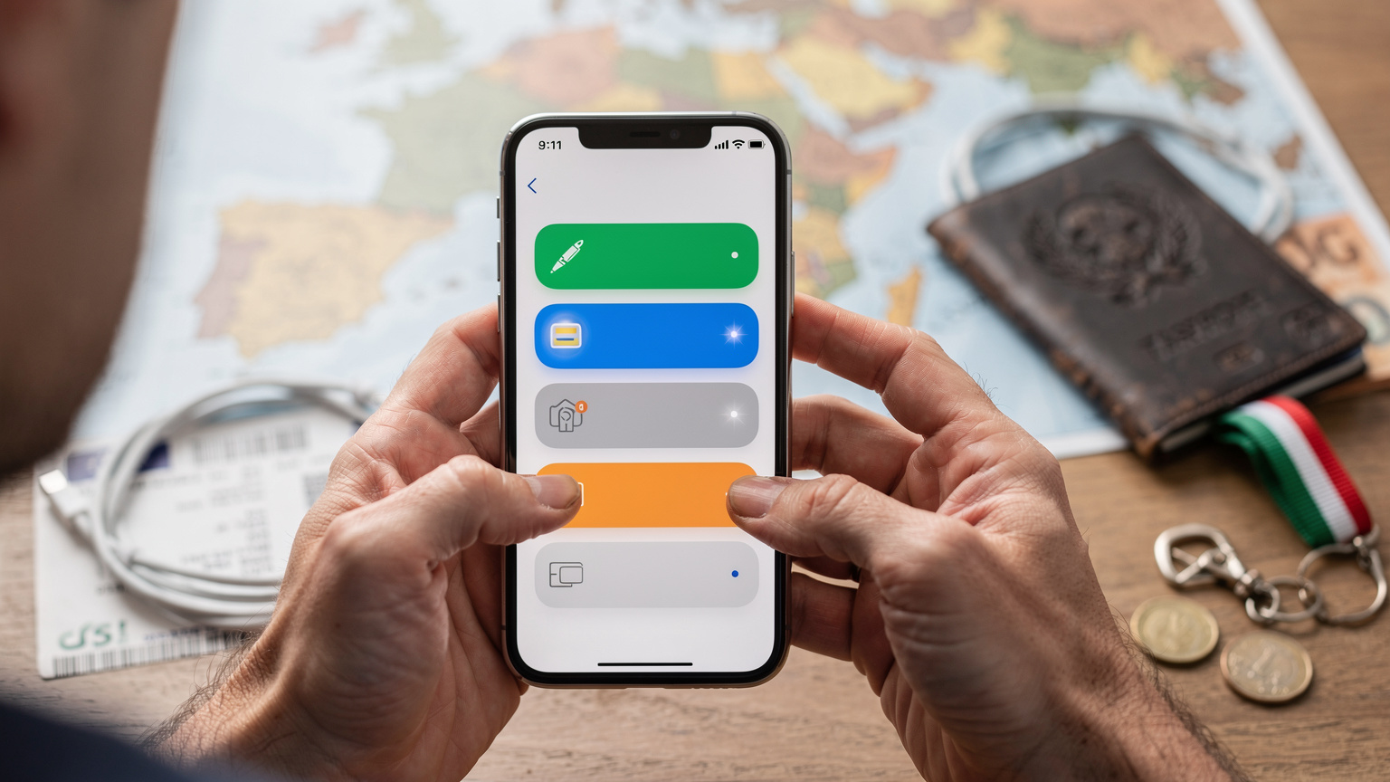 Le mani di una persona tengono uno smartphone con l'app di gestione eSIM aperta, mostrando vari profili attivi per diversi paesi e la possibilità di attivarli o disattivarli, su uno sfondo sfocato di una mappa del mondo.