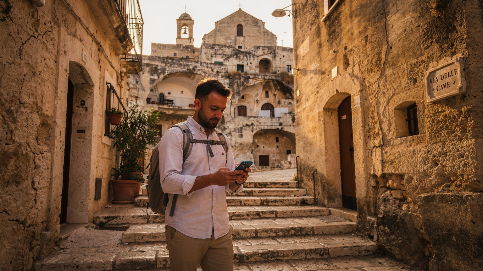 Un viaggiatore con uno zaino leggero consulta una mappa offline sul suo smartphone mentre cammina tra le antiche e tortuose strade dei Sassi di Matera, con le case in pietra sullo sfondo.