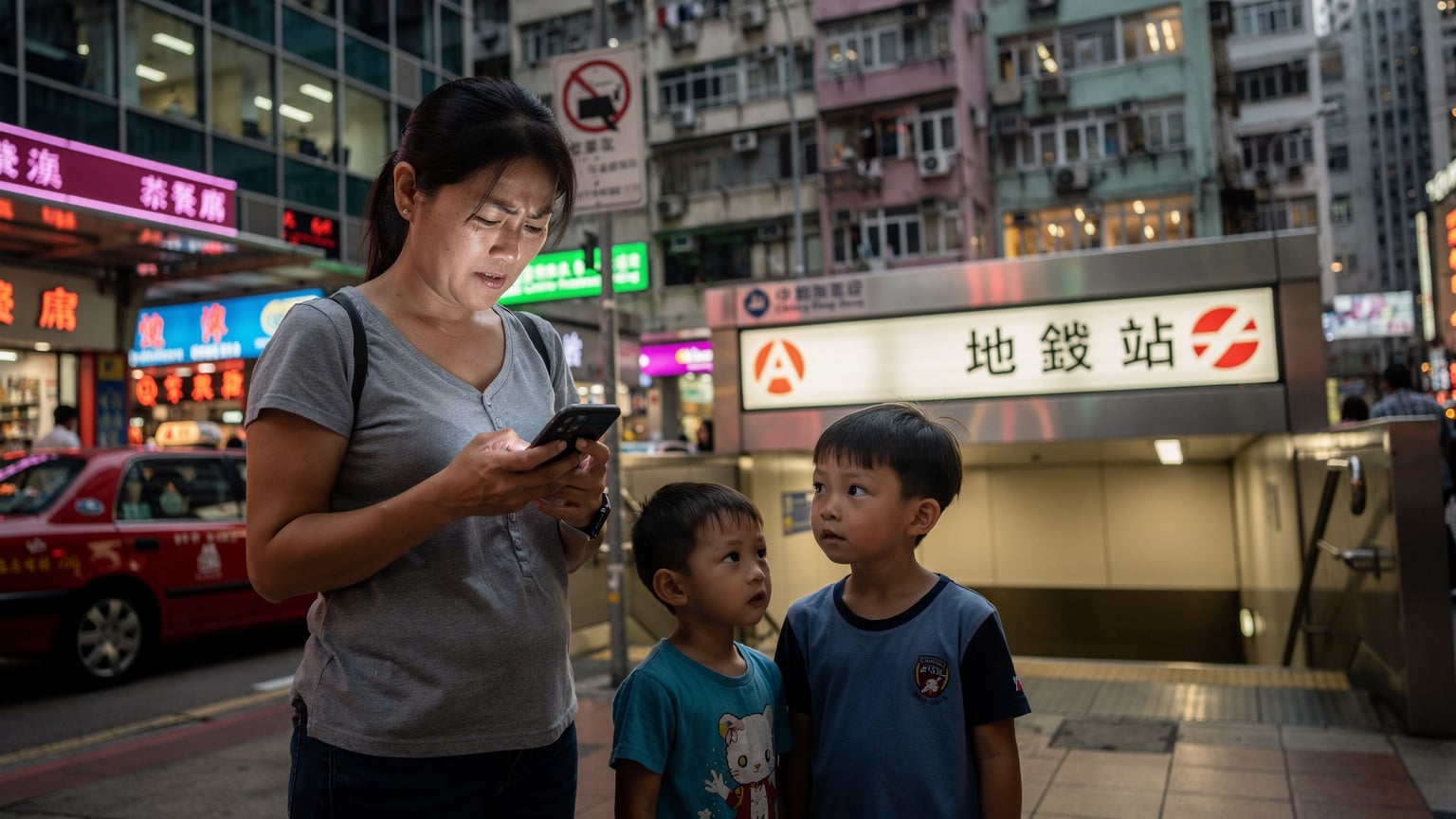 香港街頭,一位媽媽正在地鐵站入口處查看手機,確認中國移動香港的 eSIM 服務是否正常,身旁是等待進站的兩個孩子。