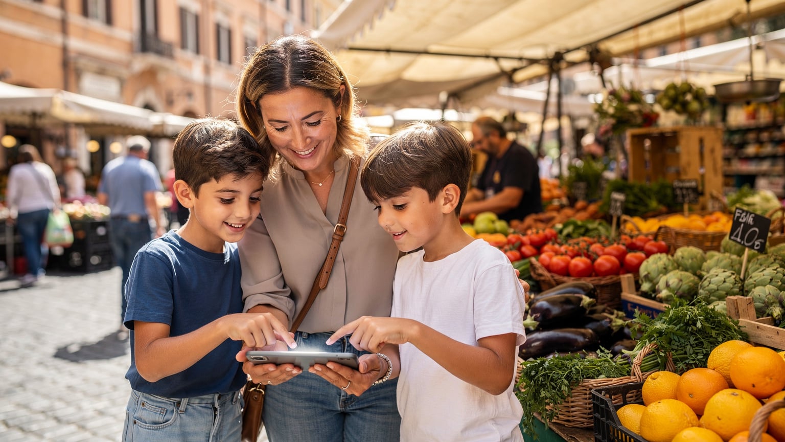 Una madre sorridente assiste i suoi due figli mentre cercano informazioni su uno smartphone, con uno sfondo sfocato di un mercato romano vivace e colorato.